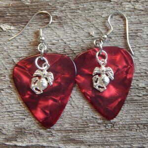 RED MARINE GUITAR PICK EARRINGS with SILVER GLOBE AND ANCHOR CHARMS
